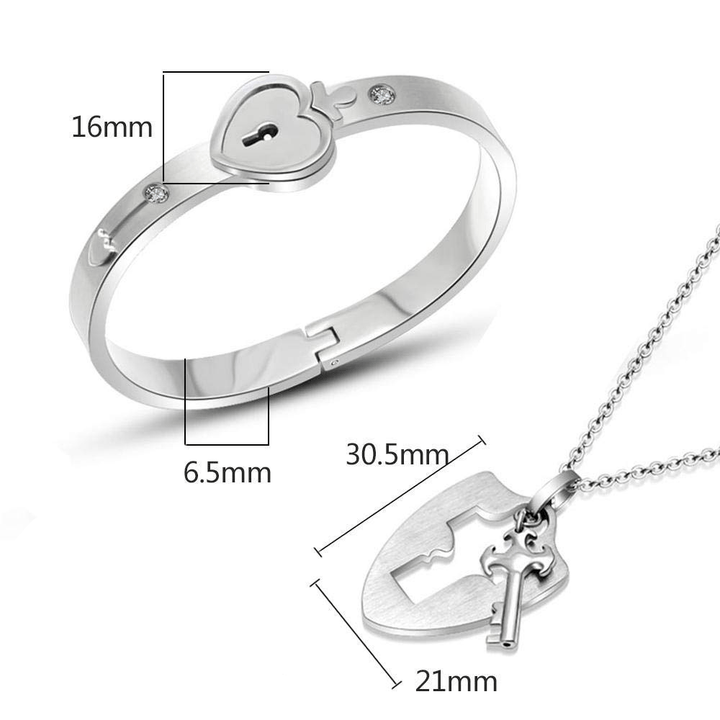 Romantiskt armband och halsband för par i titanstål, silver och roséguld.
