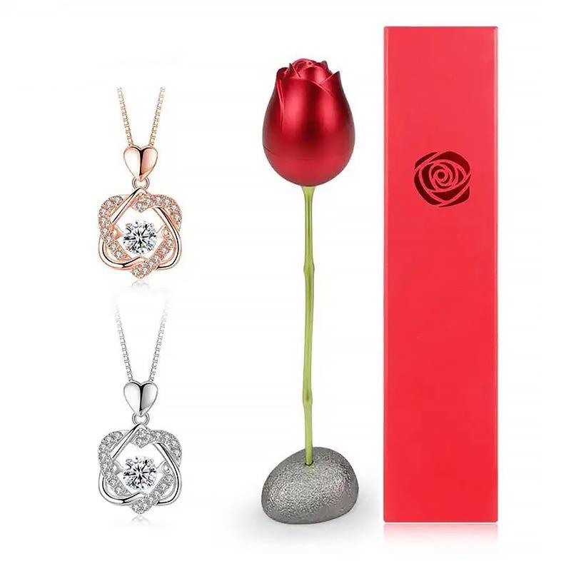 "Romantiskt ros halsband i hjärtform med röd ros, perfekt för Alla Hjärtans Dag gåva, elegant smyckesset, kvinnors accessoar"