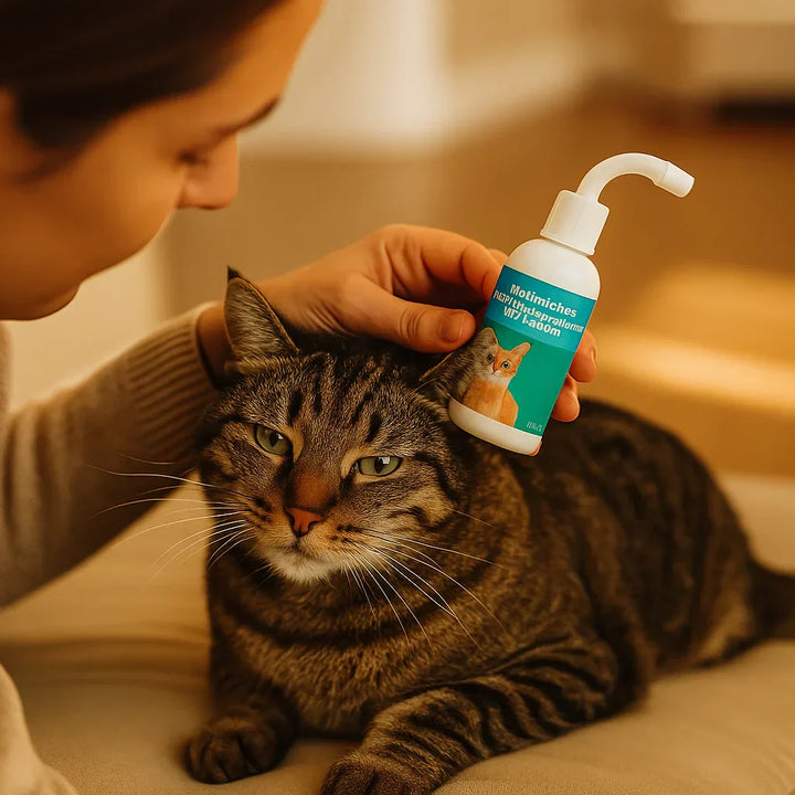 En katt får skonsam öronrengöring med naturlig lösning för att förebygga klåda och hålla öronen friska.