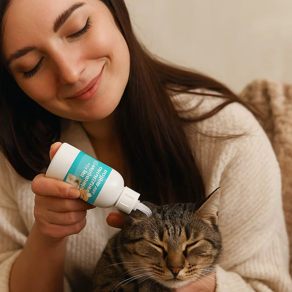 Nöjd katt med rena och friska öron efter användning av naturlig öronrengöring som tar bort öronvax och klåda.