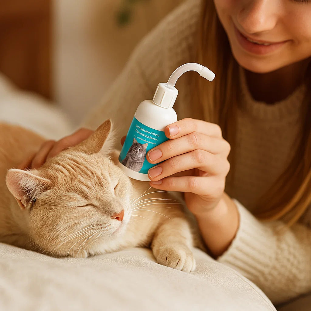 Flaska med naturlig öronrengöring för katter, framtagen för skonsam djurvård mot öronvax och irriterande klåda.