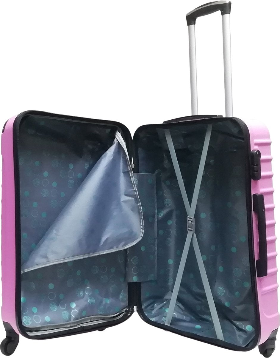 Liten och stor rosa resväska i 2-delat set, perfekt som handbagage och incheckat bagage.