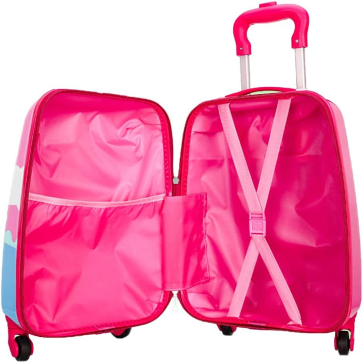 Hård rosa barnresväska med enhörning och hjul. Perfekt barnbagage för smidig transport på semesterresan.