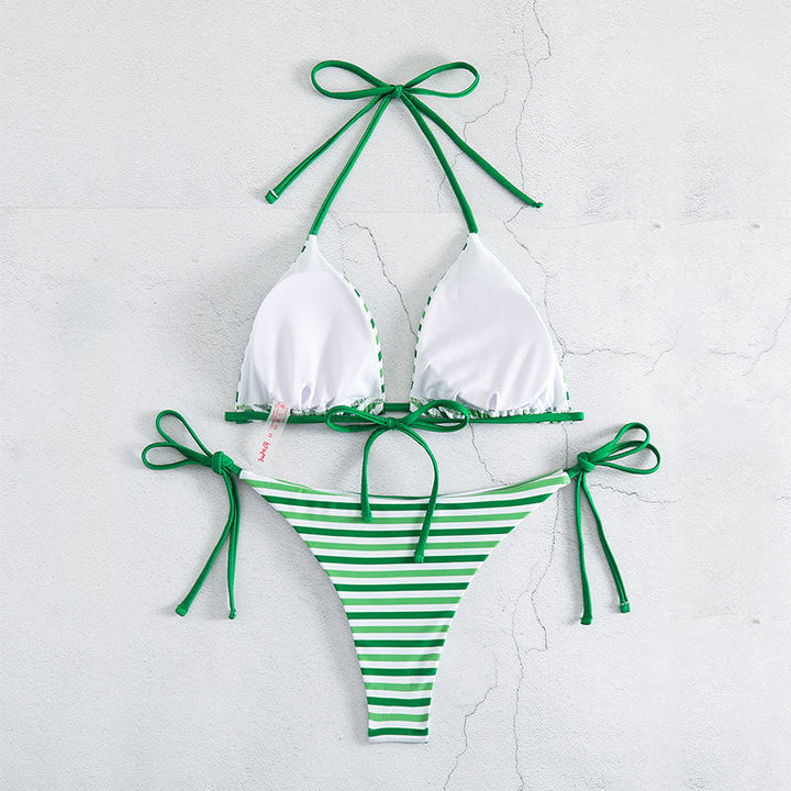 Grön justerbar triangelbikini för dam, stilrena badkläder med knytband för stranddagar.