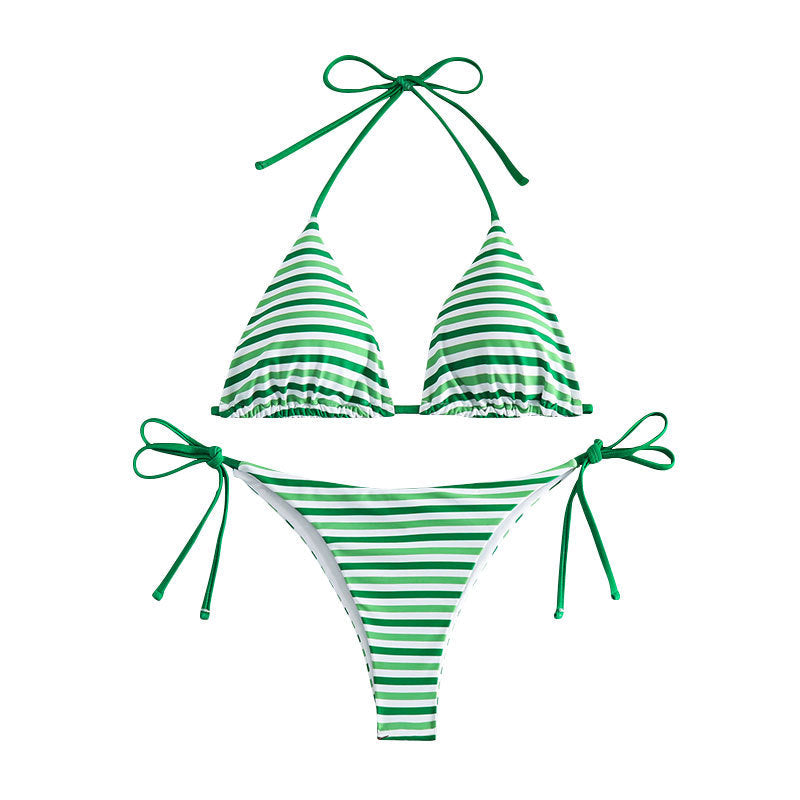 Grön triangel-bikini för dam, snygga badkläder för soliga dagar vid strand eller pool.
