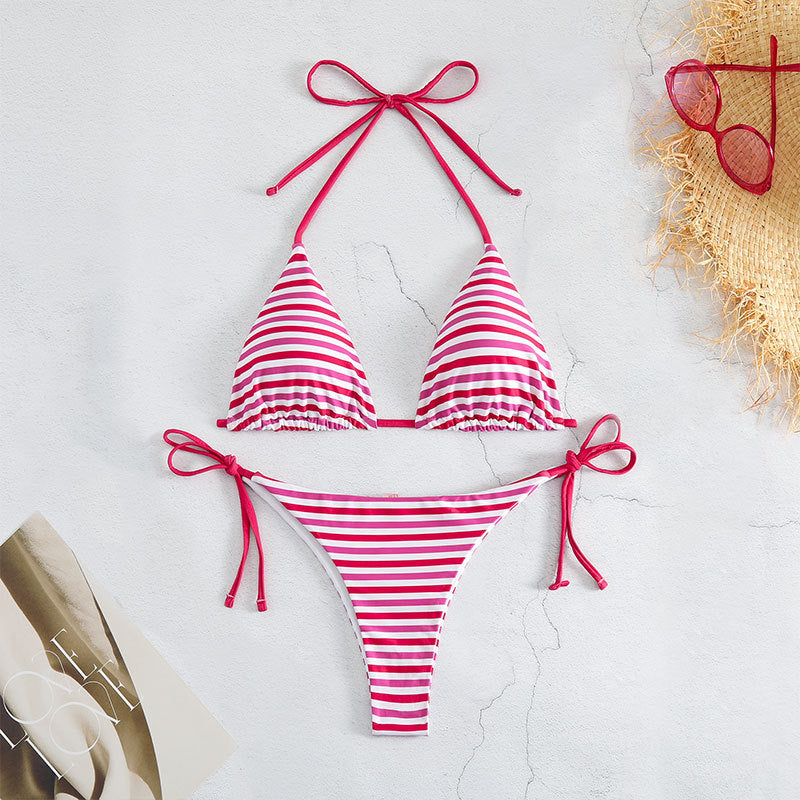 Rosa justerbar dam bikini, trendig triangelbikini med knytband för sommarens badmode.