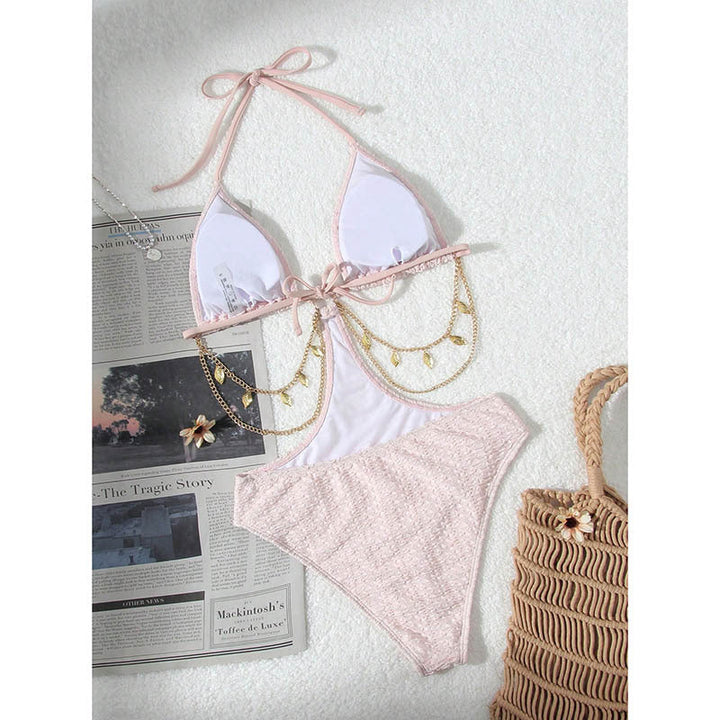 Justerbar rosa triangelbikini dam, med snygg kedjedetalj. Komfortabelt och modernt badplagg för sommarens.