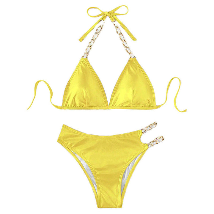 Rosa färgskiftande triangelbikini för dam med eleganta kedjedetaljer, perfekt för sommarstrand.