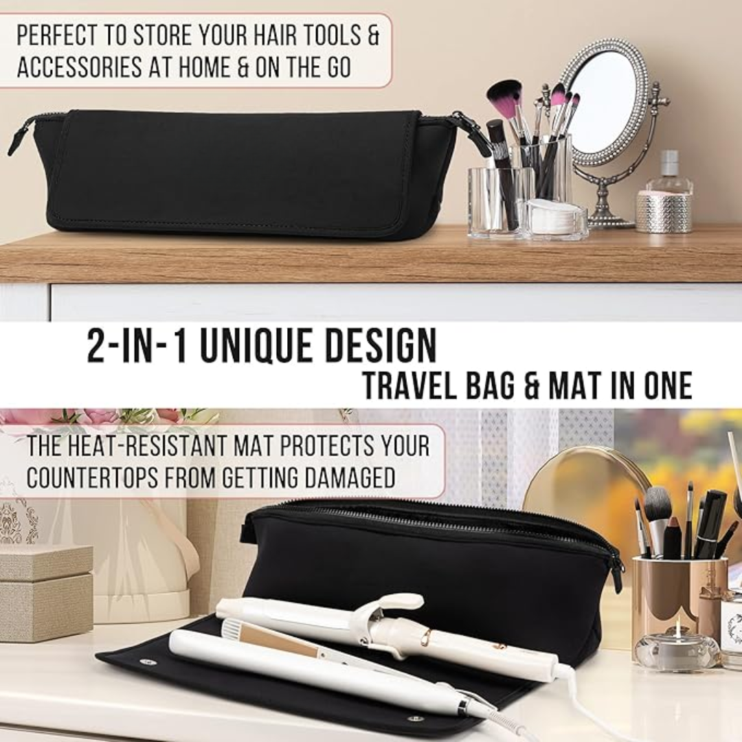 Svart hårverktygsväska med smart organiserare. Inbyggd värmeskyddsmatta för professionell hårvård och styling.