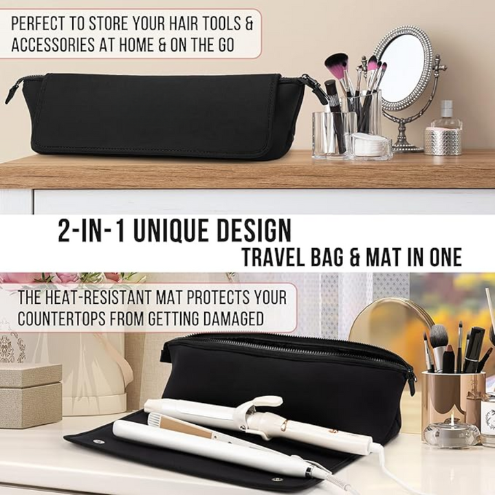 Svart hårverktygsväska med smart organiserare. Inbyggd värmeskyddsmatta för professionell hårvård och styling.
