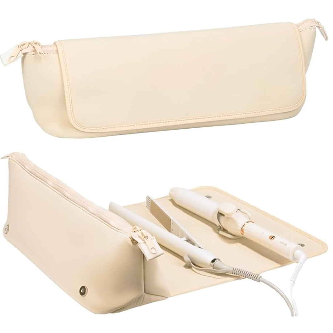 Elegant elfenbensfärgad hårverktygsväska. Perfekt organiserare för stylingverktyg och hårvård hemma.