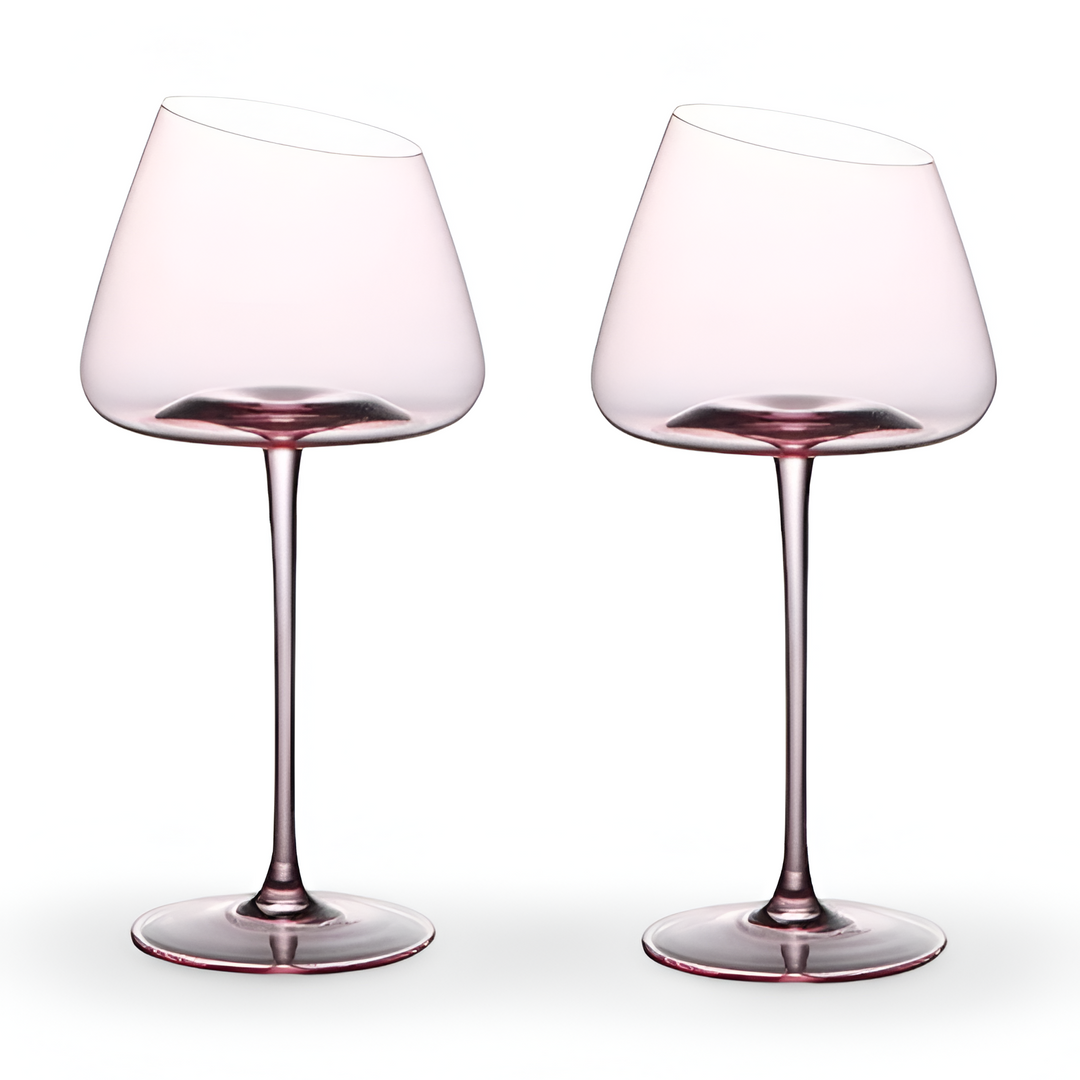 Unika handblåsta rosa kristallvinglas. Eleganta dryckesglas i set om två för lyxiga fester.