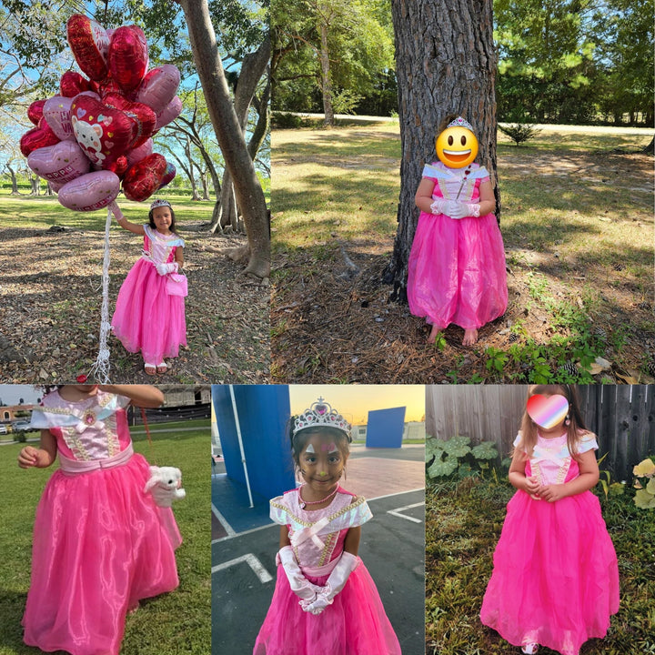 Barn som leker utomhus i rosa prinsessklänning