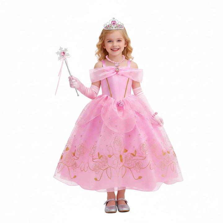 Flickkläder i form av rosa prinsessoutfit med matchande tillbehör för fest och karneval