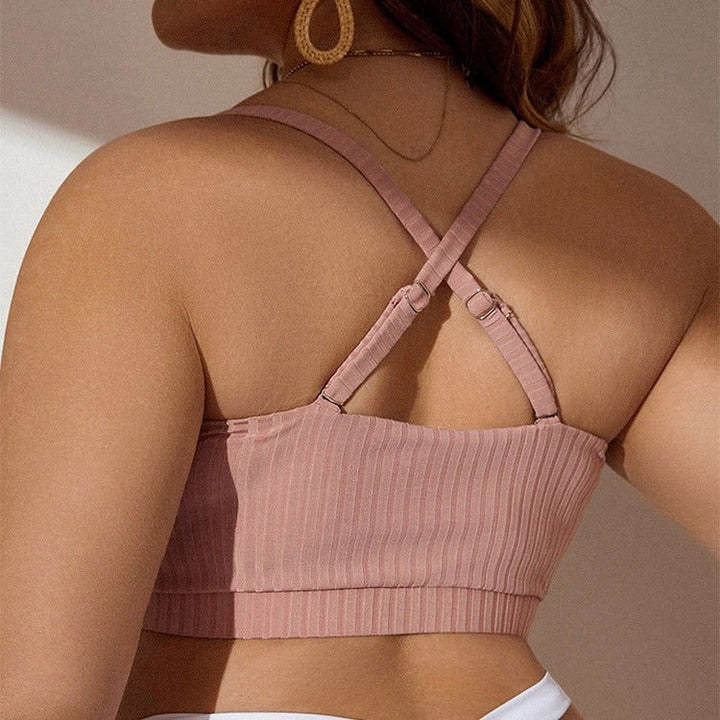 Plus size rosa rynkad crop-top bikiniöverdel för damer, bekväm baddräkt i XL-XXXL för badmode.