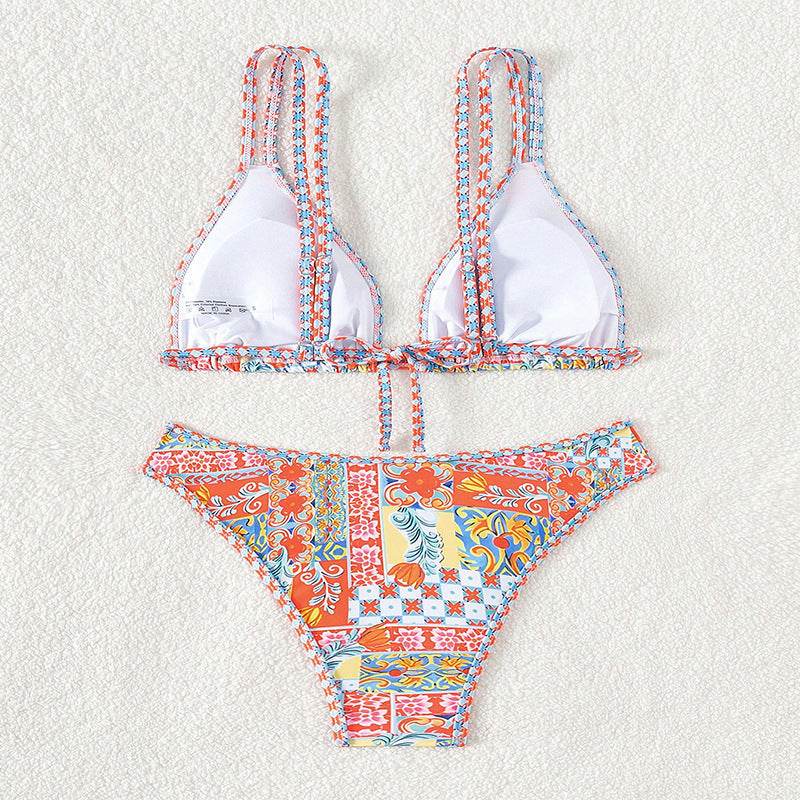 Blommig triangel-bikini för dam, snabbtorkande badkläder med justerbara axelband. Rosa färg.