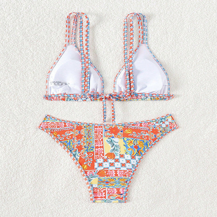 Blommig triangel-bikini för dam, snabbtorkande badkläder med justerbara axelband. Rosa färg.