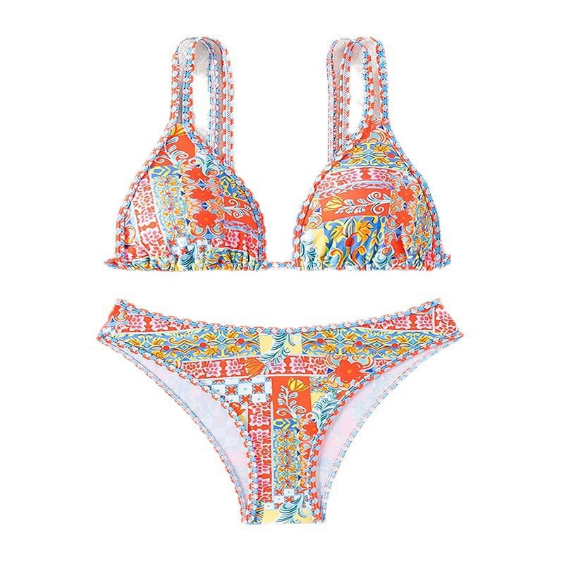 Snygg dam triangel-bikini med blommönster, justerbara axelband. Rosa badkläder för semestern.