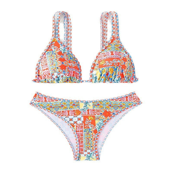 Snygg dam triangel-bikini med blommönster, justerbara axelband. Rosa badkläder för semestern.