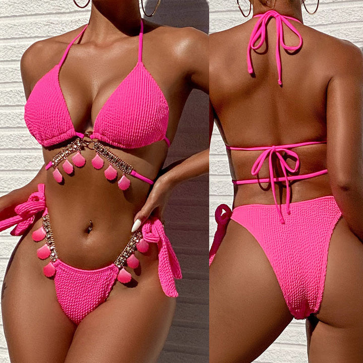 Rosa triangelbikini för dam med fransar och glänsande detaljer, perfekt sommar & strandkläder. Justerbar.