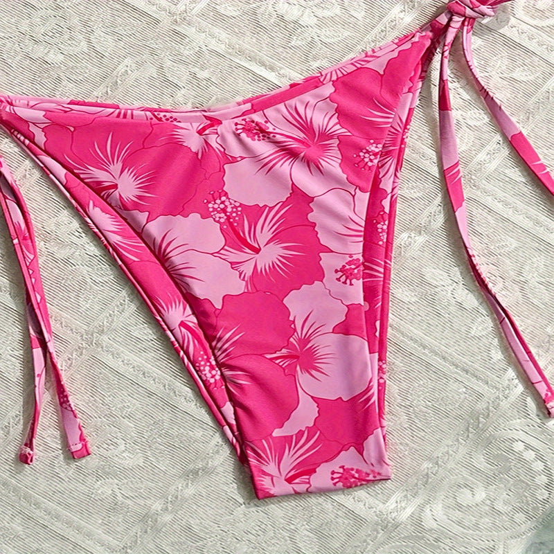 Snygg blommig triangelbikini för damer, rosa nyans, med justerbara band för bästa passform. Badkläder.