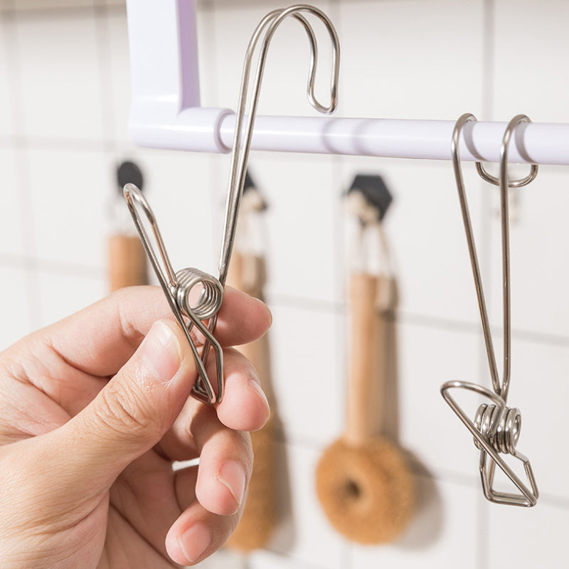Rostfri metalklämma med lång svans, silverfärgad, perfekt för kök och badrum, hållbar design för smart förvaring.