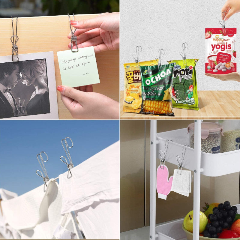 Rostfri metalklämma med lång svans, silverfärgad, perfekt för kök och badrum, hållbar design för smart förvaring.