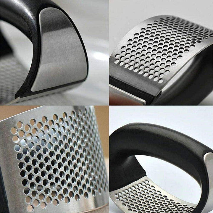"Rostfri vitlökspress i ergonomisk design för enkel matlagning, krossar vitlök snabbt med stil och funktionalitet."