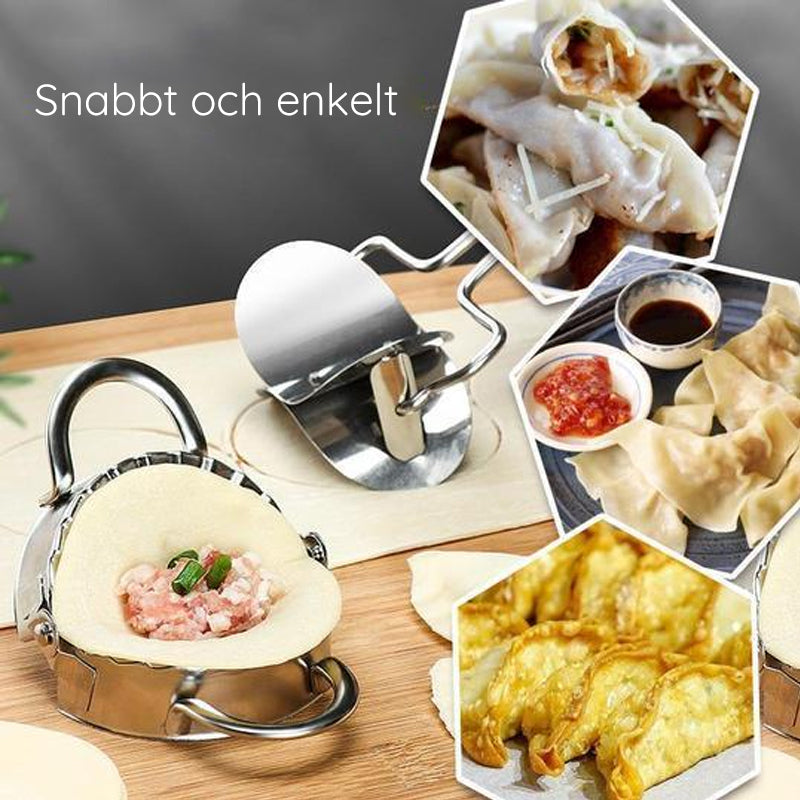 Dumplingmaskin och skalare i rostfritt stål med spegelpolerad yta för enkel och hygienisk användning i hemmakök.