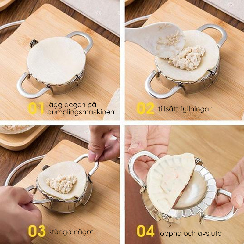 Dumplingmaskin och skalare i rostfritt stål med spegelpolerad yta för enkel och hygienisk användning i hemmakök.
