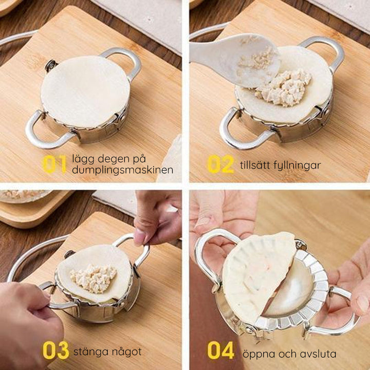 Dumplingmaskin och skalare i rostfritt stål med spegelpolerad yta för enkel och hygienisk användning i hemmakök.