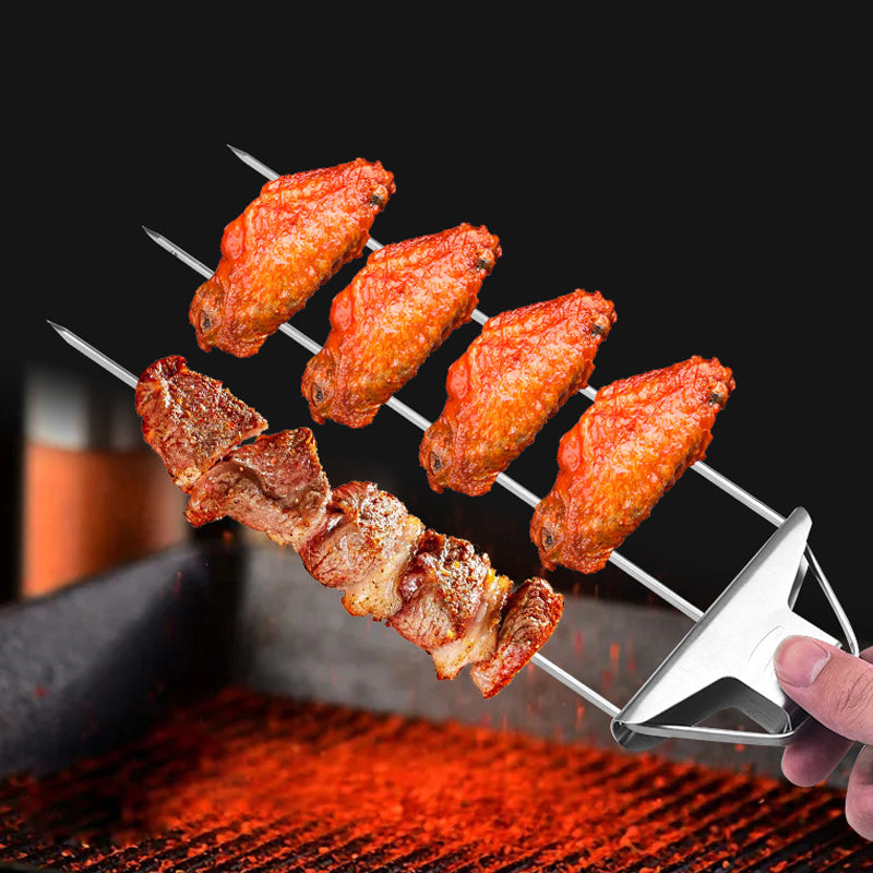 Grillsavor 3-delade grillspett i rostfritt stål med tre piggar, perfekt för kött och grönsaker.