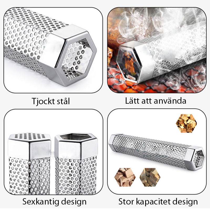 Rökrör i rostfritt stål för grill, hexagonform, köksaccessoar, perfekt för rökning av kött och fisk, hållbar och stabil.
