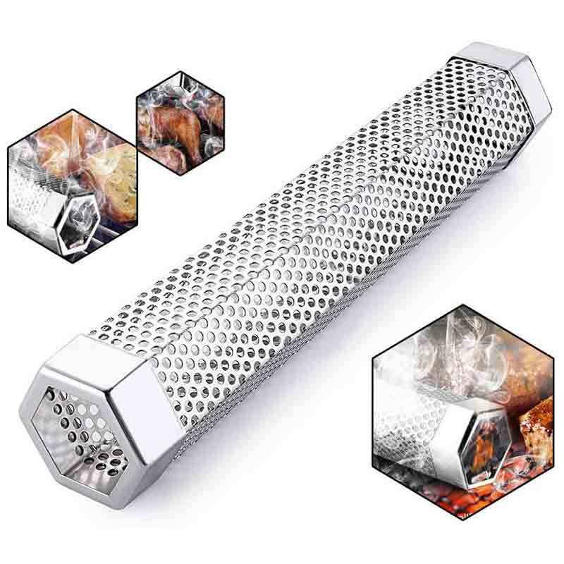 Rökrör i rostfritt stål för grill, hexagonform, köksaccessoar, perfekt för rökning av kött och fisk, hållbar och stabil.