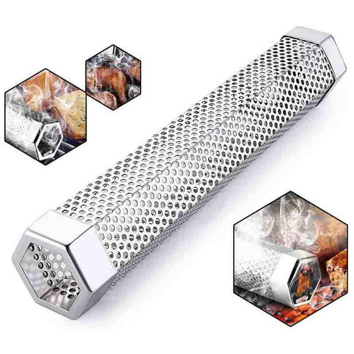 Rökrör i rostfritt stål för grill, hexagonform, köksaccessoar, perfekt för rökning av kött och fisk, hållbar och stabil.