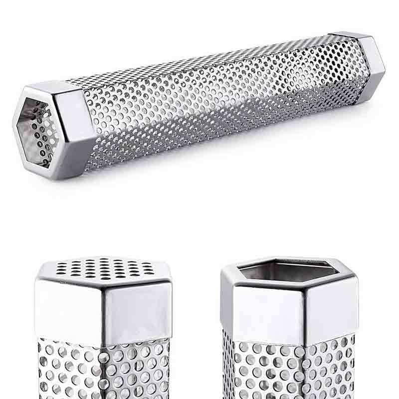 Rökrör i rostfritt stål för grill, hexagonform, köksaccessoar, perfekt för rökning av kött och fisk, hållbar och stabil.