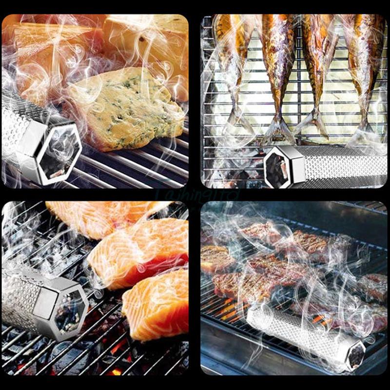 Rökrör i rostfritt stål för grill, hexagonform, köksaccessoar, perfekt för rökning av kött och fisk, hållbar och stabil.
