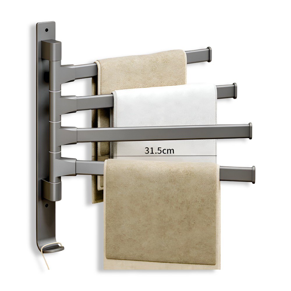 Modern, svängbar handdukshållare i aluminium. För badrum & kök med fokus på organisering.