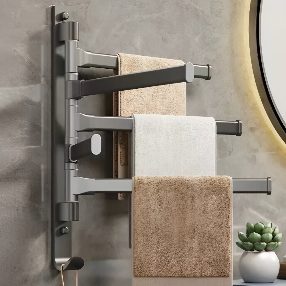 Aluminium handdukshållare med roterande design. Perfekt för platsbesparande förvaring i badrum.