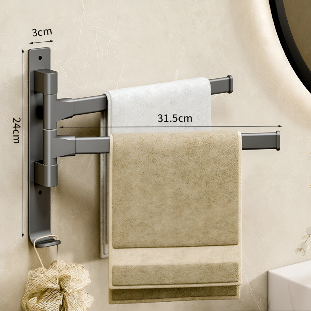 Elegant aluminium handdukshållare, roterande. Optimal för små badrum och effektiv handduksförvaring.