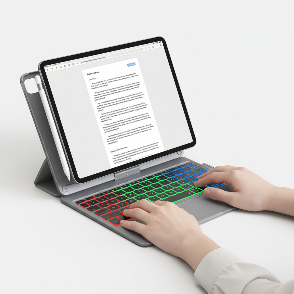 Smart roterande iPad-fodral med integrerat bakgrundsbelyst Bluetooth tangentbord. Perfekt för produktivitet.