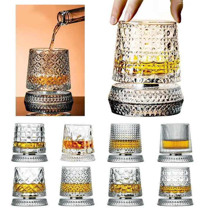 Två eleganta whiskyglas i kristall, roterande design för optimal aromutveckling.