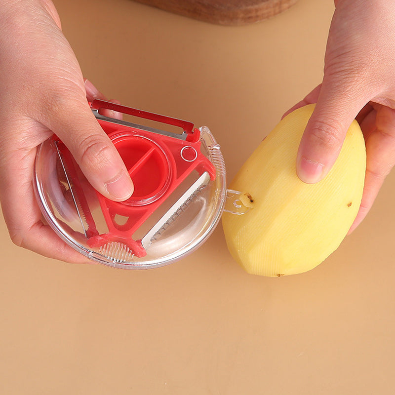 "Roterbar grönsaksskalare med 3 utbytbara blad, ergonomiskt handtag, rostfritt stål, för kök i färger röd, blå, grön."