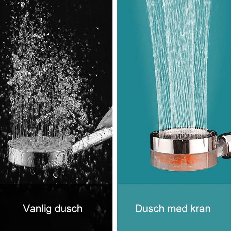"Roterbar högtrycksdesign duschhuvud i modern stil, förbättrar vattentryck, silverfärgat med filtreringsfunktion."