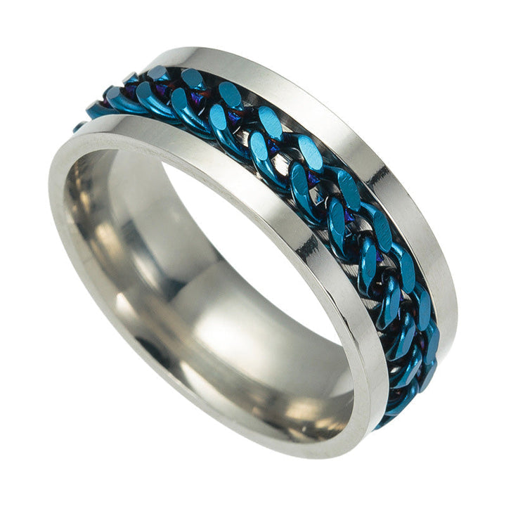 Roterbar unisex ring i titanstål, svart och stilren; elegant accessoar för modern och mångsidig stil.