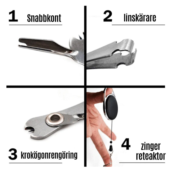 "Rött och svart knutverktyg för fiske, kompakt design, hållbar rostfri metall med halkfritt grepp."