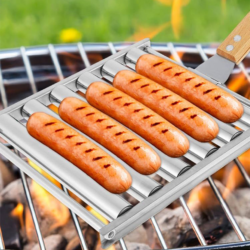 "Rullande korvställ i rostfritt stål som tillagar upp till fem korvar jämnt, elegant och grillvänlig design."