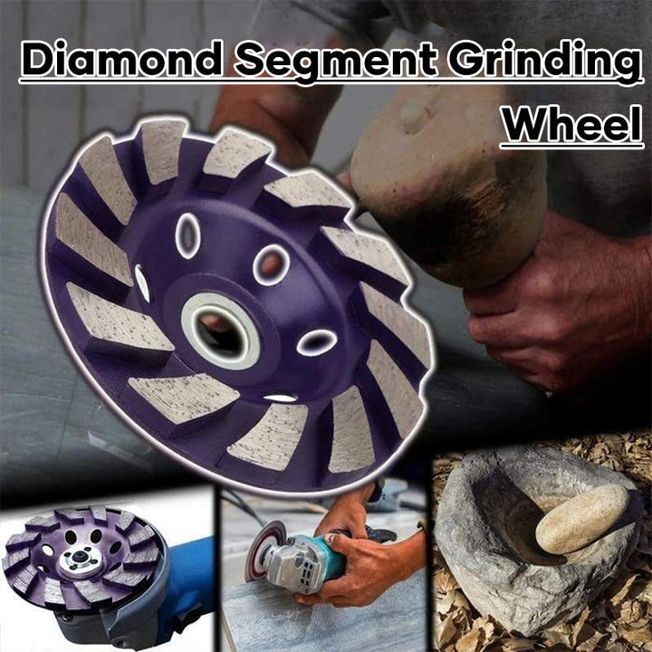 "Rund diamantsegmentslipskiva med 12 spiralformade segment, 100 mm i diameter, lämplig för slipning av betong och sten."