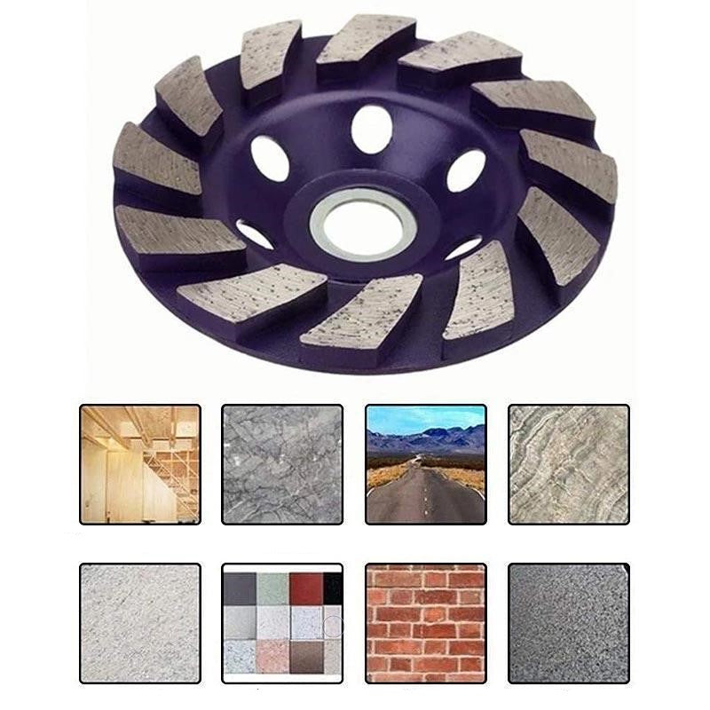 "Rund diamantsegmentslipskiva med 12 spiralformade segment, 100 mm i diameter, lämplig för slipning av betong och sten."