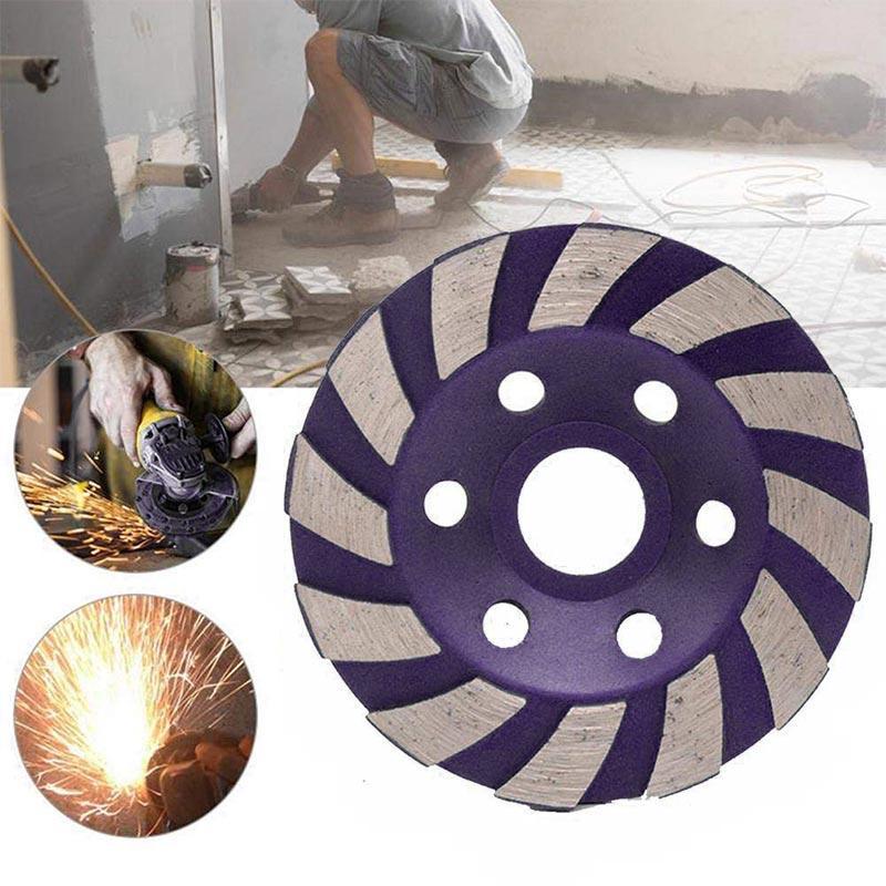 "Rund diamantsegmentslipskiva med 12 spiralformade segment, 100 mm i diameter, lämplig för slipning av betong och sten."